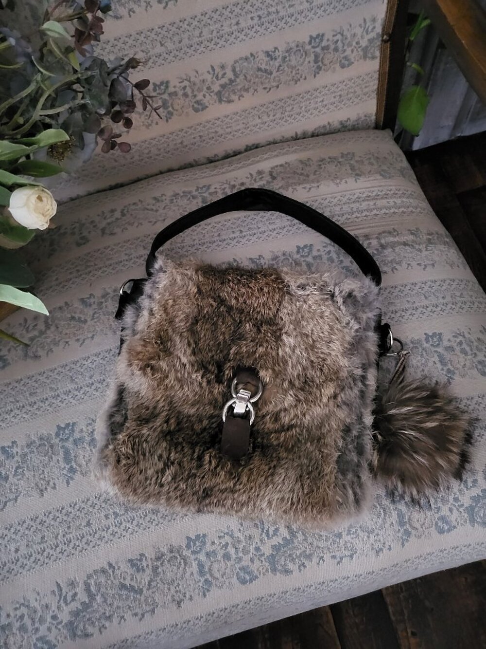 VINTAGE GENUINE RABBIT FUR CROSSBODY SHOULDER BAG Pompom Charm
